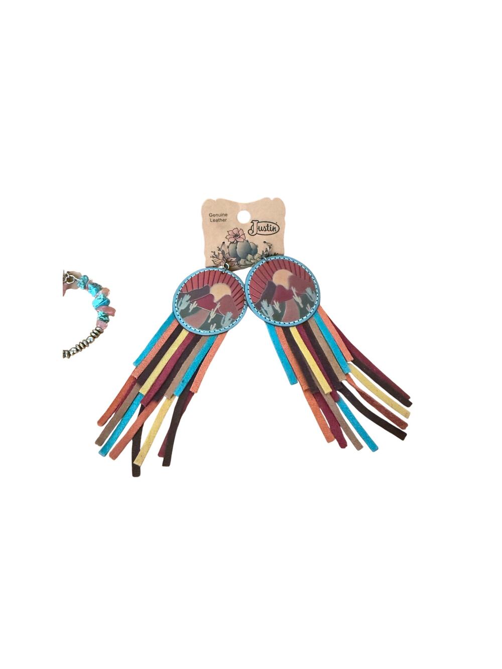 Justin Leather Tooled Desert Scene Turquoise Trim Earrings 213170EJ2